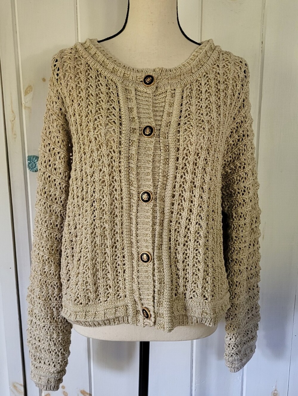 Rachel Zoe Chunky Loose Knit Nautral Metallic Thread Button Down Cardigan